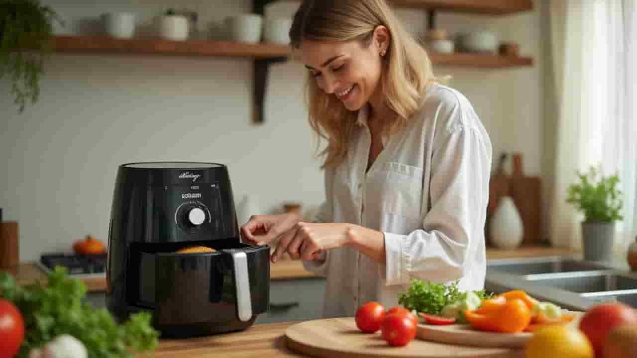 Wanita gembira memasak menggunakan Air Fryer